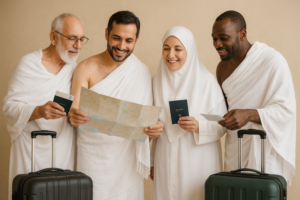hajj-umrah-planning.jpg Pilgrims planning their Hajj and Umrah journey with maps and travel documents.