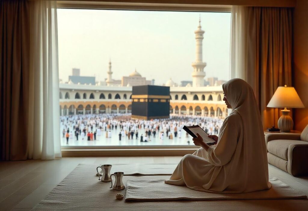 Luxurious hotel room with a view of the Kaaba and amenities for a restful and spiritually focused stay.
