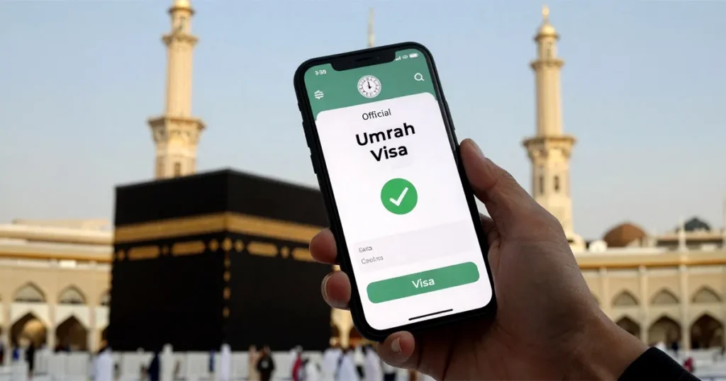 A close-up of a secure smartphone screen displaying an approved digital Umrah Visa, representing professional regulatory compliance processing.