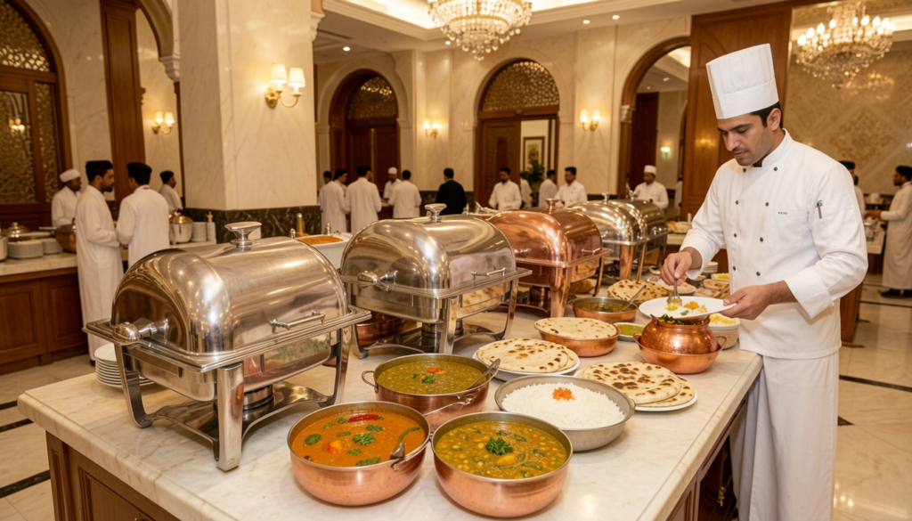 A well-stocked hotel buffet line in Makkah, featuring a variety of hot, unlimited Indian dishes like dal, sabzi, and roti, representing home-style catering for pilgrims.