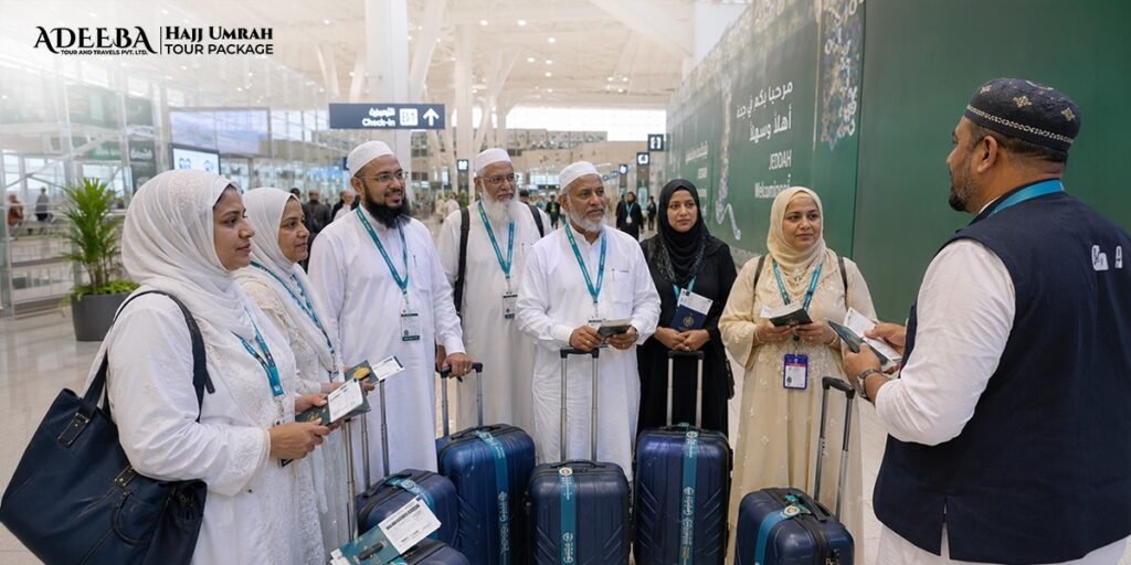 Group of Umrah pilgrims traveling together with tour coordinator