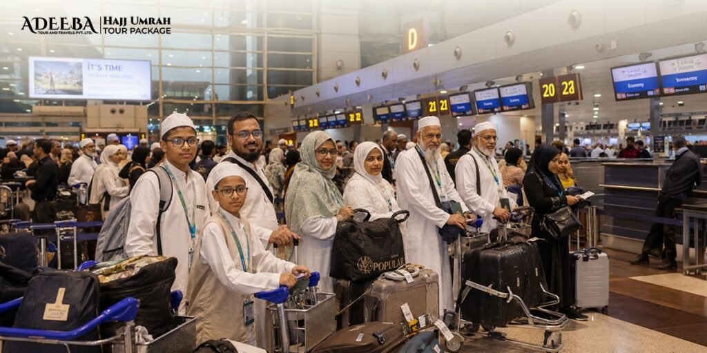 Indian Muslim pilgrims from Kolkata checking in together for a September Group Umrah Package at the international airport
